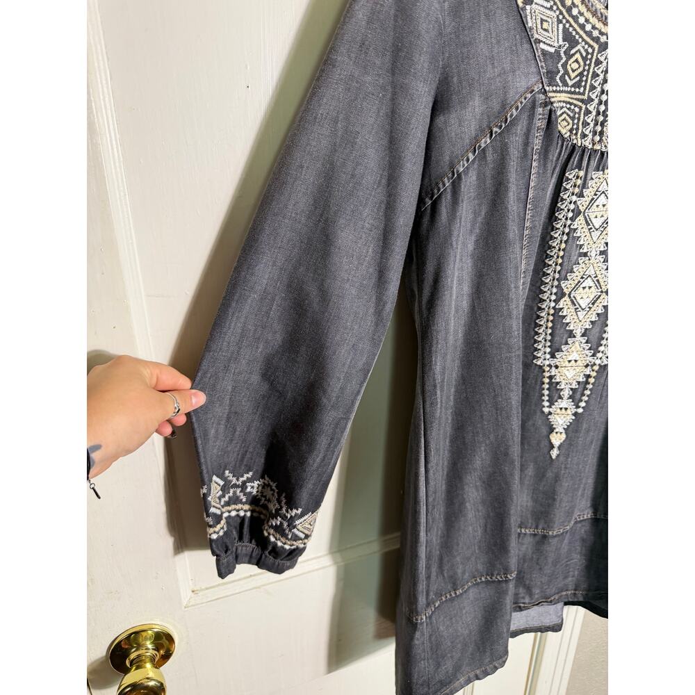 Monoreno M Embroidered Tunic Top Gray Boho Western Southwestern Long Sleeve - Picture 4 of 9